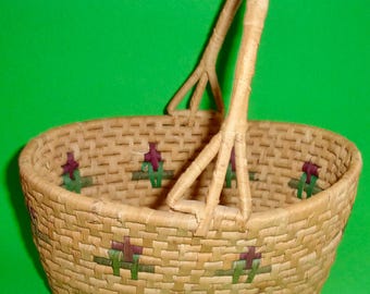 MEXICAN PALM BASKET Vintage Hand Woven Coiled Handle Rustic Farmhouse Southwest Decor Collectible Basketry Mexico Display Floral Knitting