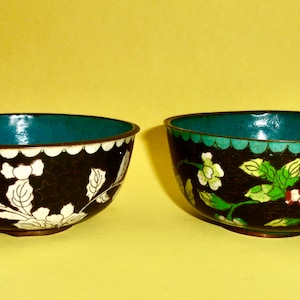 CLOISONNE BOWLS CHINA Rice Pair Two Black Enamel White Floral Black Background Colored Floral Blue Interiors Enameled Copper Antique Chinese