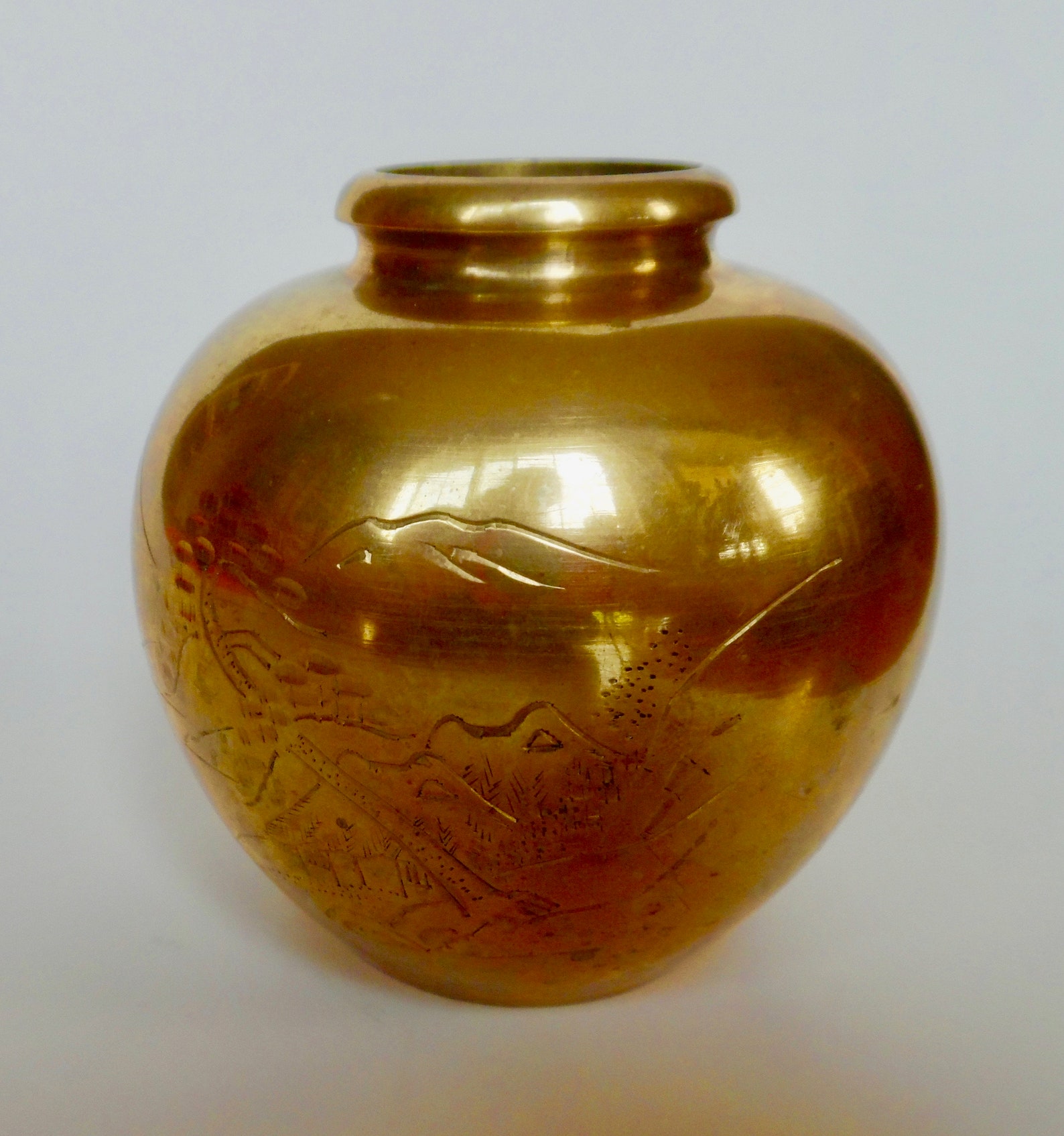 JAPANESE BRASS VASE Solid Engraved Scene Landscape Mountains Etsy