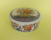 IMARI JEWELRY BOX Trinket Porcelain Marked Green Vase Jardiniere Floral Textile Design Lidded Red Green Blue Vintage Keepsake Box Round Ware