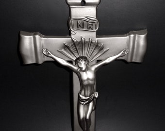 CRUCIFIX PARSONS, métal argenté, quincaillerie de cercueil, Illinois Company, pièce lourde, tenture murale chrétienne de la crucifixion du Christ Jésus, l.N.R.l.