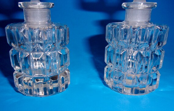CZECHOSLOVAKIA PERFUME BOTTLES Lot Two 2 Tall Floral Motif Stoppers Clear Frosted Iris Import Dauber Stop Cut Glass Crystal Made In View 2