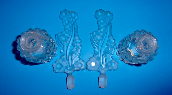 CZECHOSLOVAKIA PERFUME BOTTLES Lot Two 2 Tall Floral Motif Stoppers Clear Frosted Iris Import Dauber Stop Cut Glass Crystal Made In View 5
