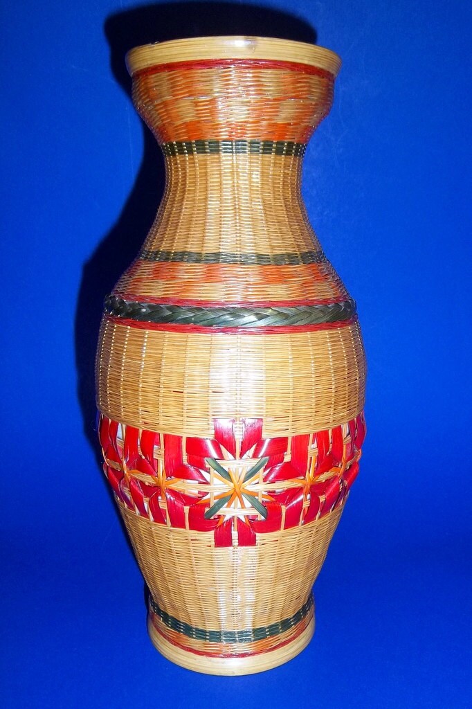 BAMBOO COVERED VASE Porcelain Wicker Weave Woven Asian Vintage Marked Signed Chinese Japanese Bamboo Overlay Colorful Hand Crafted Floral