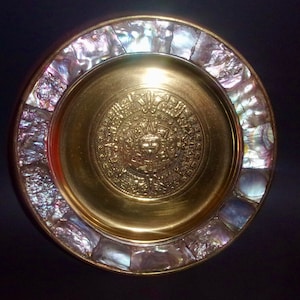 BRASS MAYAN CALENDAR Abalone Mosaic Shell Hanging Vintage Mexico Aztec Guadalajara Repousse Tonatiuh Tlalteuctli Mesoamerica Mexican Art