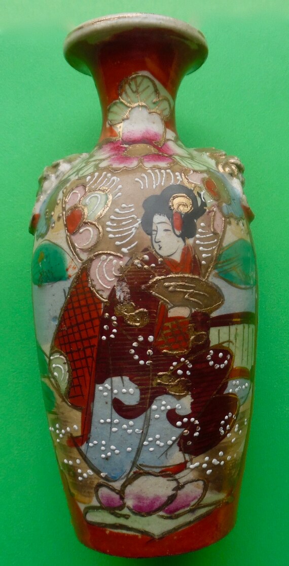 SATSUMA MORIAGE VASE Geisha Gilded Orange Green Closed Lion Etsy