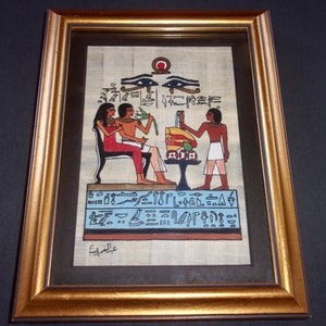 FRAMED EGYPTIAN PAPYRUS Made Egypt Gilt Wood Males Female Lotus Marriage Perfumery Eye of Ra Horus Vintage Hieroglyphics Shen Ring Signed