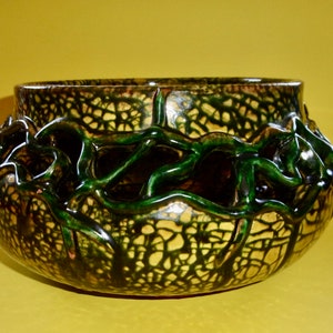 POTTERY BOWL OPENWORK Vintage Green Yellow Terra Cotta Painted Glazed Ethnic Signed Kata Ceramic Centerpiece Art Cutout