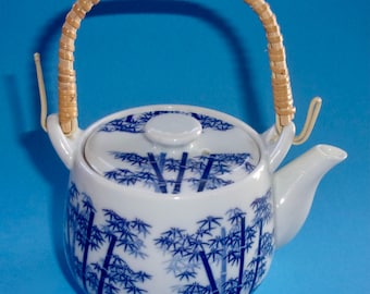 BLUE BAMBOO TEAPOT Vintage Porcelain Japanese Bamboo Handle Interior Ceramic Strainer