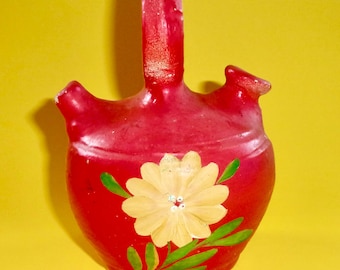 BOTIJO WATER JUG Pottery Spanish Hand Painted Made White Clay Dual Spouts Handle Red Yellow Flower Spain Vintage Bright Colorful Rustic