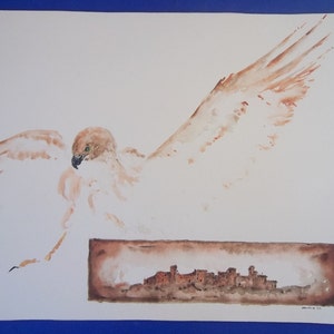 SIGNED WATERCOLOR MEXICO Golden Eagle Mexican Adobe Pueblo Mesa Vintage Large Falcon National Bird Mexico Art Cliff Dwellings Caracara