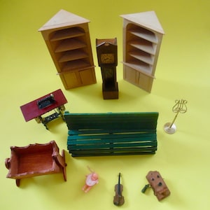 MINIATURE DOLLHOUSE FURNITURE Wood Lot Bench Bookcase Cupboard Cradle Violin Antique Sewing Machine Telephone Grandfather Clock Music Stand