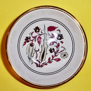 MANOUSAKIS KERAMIK BOWL Hand Made Painted Rodos Greece White Ceramic Raised Enamel Floral Braided Design Gilded Vintage Pottery Stoneware
