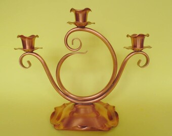 GREGORIAN COPPER CANDELABRA Tri Taper Candleholder #40 Scalloped Swirled 3 Light Vintage Mid Century Country Cabin Indoor Outdoor Lighting