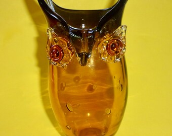 OWL VASE GLASS Hand Blown Amber Applied Eyes Horns Controlled Bubbles Unpolished Pontil Vintage Art Inner Wisdom Change Transformation Luck