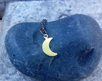 The CRESCENT MOON Necklace //  Petite Brass Moon Charm on a Gunmetal Chain