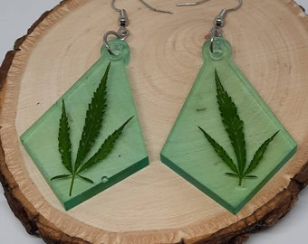 Real Cannabis Leaf Diamond Teardrop Dangle Earrings
