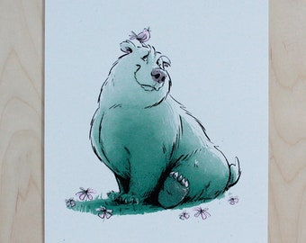 Animal Inspired Screen Print | Bird and Bear | Original British Artwork | Nature | Friendship | Mutual Respect | Strength | A4