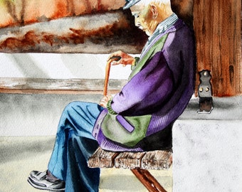 Watercolor print of an old Greek man nodding off is a quiet sunny spor called "Afernoon Nap"