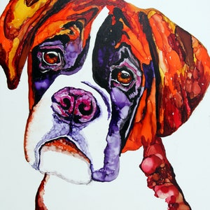 Dog print of an Alcohol Ink Painting on Ceramic tile of a boxer dog called "Buster"