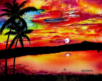 Florida Sunset. Watercolor print of an Original painting of a red Florida sky with palm trees.