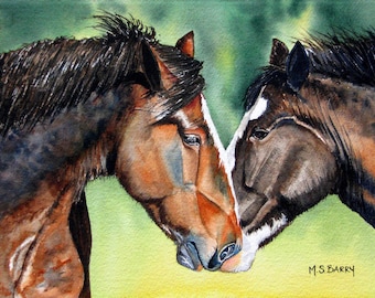 The heads of two horses facing each other. A watercolor print from an original painting named "Horsing Around"