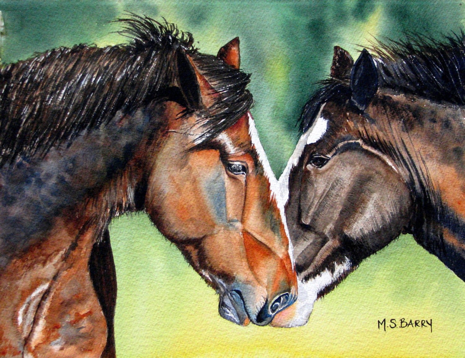 The Heads of Two Horses Facing Each Other. A Watercolor Print From an