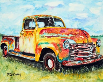 Rusty Old Truck. Watercolor print from an Original piece of artwork.