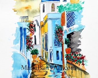 Rue grecque; Une impression d’une peinture d’aquarelle de l’île grecque Santorin en aquarelle