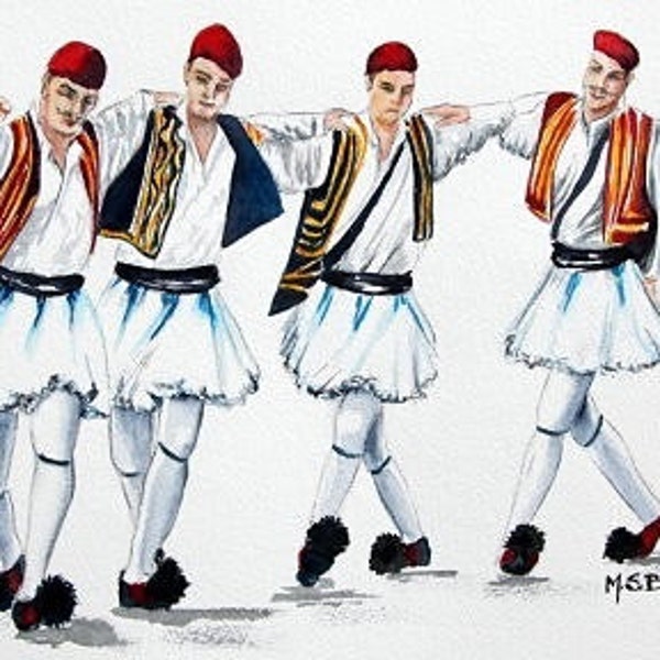 Dancing Evzones: A watercolor print from an Original painting of Greek dancers in National costumes.