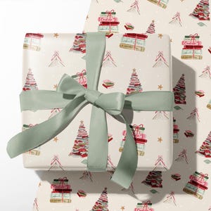 Book Tree Holiday Gift Wrap Sheets - Bookish Gift - Book Lover Christmas Gift - Watercolor Christmas Wrapping - Watercolor Wrapping Paper image 1