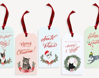 Christmas Cats Gift Tags - Watercolor Holiday Puns, Set of 10