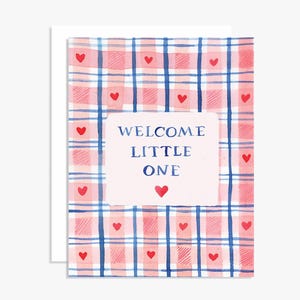 Tarjeta de felicitación de cuadros escoceses con corazones de bienvenida al pequeño - Tarjeta de felicitación para nuevo bebé - Tarjeta de acuarela para nuevo bebé - Tarjeta bonita para bebé - Tarjeta unisex para bebé