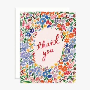 Tarjeta de agradecimiento floral colorida - Flores de acuarela - Letras de mano - Caligrafía - Juego en caja - Tarjetas florales de arco iris