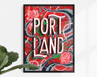 Portland Oregon City of Roses Art Print - 11 x 14 - Hand Lettered - Painting - Home Decor