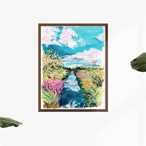 May include: A painting of a blue stream flowing through a field of colorful flowers and tall grass under a blue sky with white clouds.