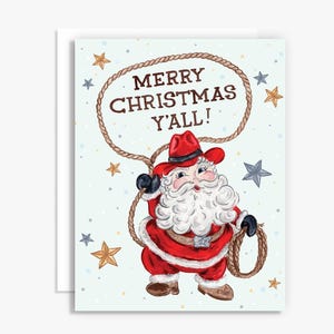 Merry Christmas Y&#39;all! Cowboy Santa Christmas Greeting Card - Watercolor Christmas Card - Watercolor Santa Card - Southern Santa