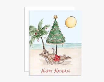 Beach Bear Happy Holidays Christmas Greeting Card - Holiday Card - Watercolor Card