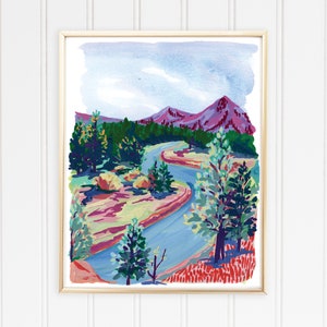May include: A watercolor painting of a winding river flowing through a valley with purple mountains in the background. The river is a light blue color and the mountains are a deep purple. The trees are a mix of green and blue.