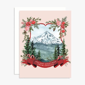 Mount Hood Watercolor Crest Christmas Pink Greeting Card  - Holiday Greeting Card - Watercolor Card - Mount Hood Card - Oregon Card