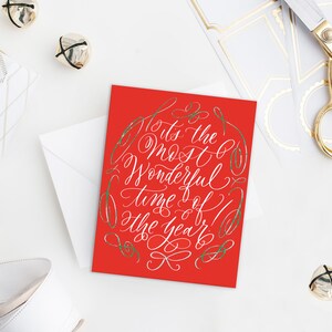 Meest geweldige tijd van het jaar Kerstwenskaart - Kalligrafie Kerstkaart - Moderne Kerstmis - Vintage Kerstmis