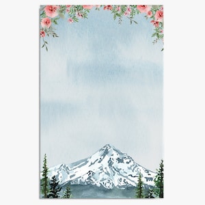 May include: A watercolor painting of a snow-capped mountain with a blue sky and pink flowers in the corners.