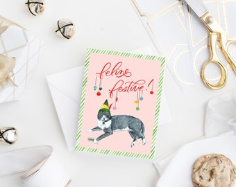 Feline Festive Cat Holiday Greeting Card - Christmas Puns - Holiday Puns - Christmas Cat - Cat Gift - Elf - Whimsical Christmas