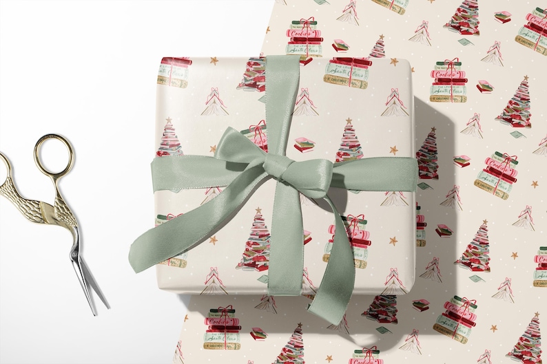 Book Tree Holiday Gift Wrap Sheets - Bookish Gift - Book Lover Christmas Gift - Watercolor Christmas Wrapping - Watercolor Wrapping Paper image 1