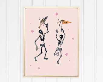 Watercolor Dancing Skeletons Halloween Art Print - Pink - Spooky - Fall - Wall Art
