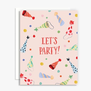 Let's Party Rainbow Party Hat Tarjeta de celebración de cumpleaños - Tarjeta de acuarela colorida - Tarjeta con letras a mano - Tarjeta de fiesta rosa - Fiesta caprichosa