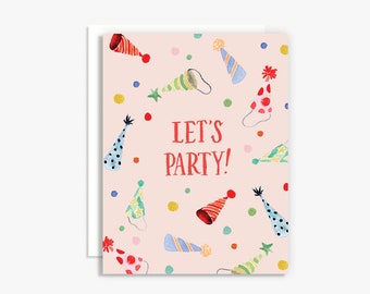 Let's Party Rainbow Party Hat Birthday Celebration Card - Colorful Watercolor Card - Hand Lettered Card - Pink Party Card - Whimsical Party