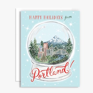 Felices fiestas desde Portland - Tarjeta de felicitación con forma de bola de nieve - Tarjeta de acuarela de Portland - Tarjeta de felicitación navideña de PDX - Tarjeta de Mount Hood