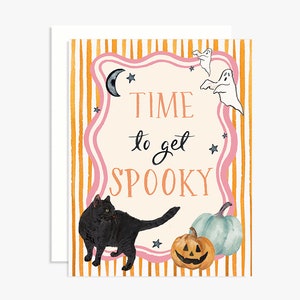 Tijd om griezelige Halloween-wenskaart te krijgen - zwarte kat - pompoenen - handbelettering - geesten