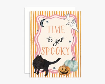 Time to Get Spooky Halloween Greeting Card - Black Cat - Pumpkins - Hand Lettering - Ghosts